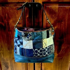 Coach Patchwork Denim Signature Canvas Shoulder Bag.